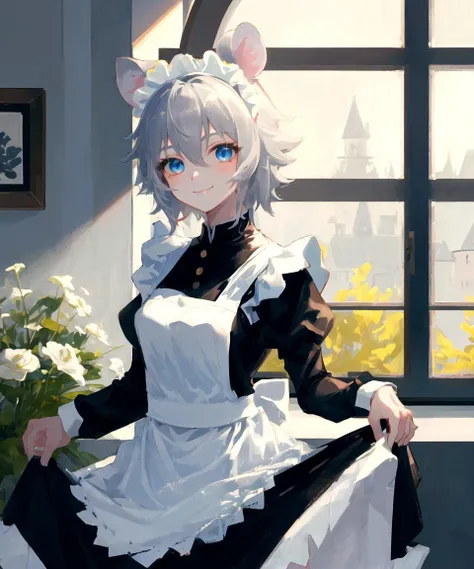 masterpiece, best quality, <lora:Click768V2:0.7>, clicklora, 1girl, solo, mouse ears, animal ears, short hair, grey hair, hair between eyes, blue eyes, maid, maid headdress, maid apron, smile, upper body, indoors, window, perfect lighting, skirt hold