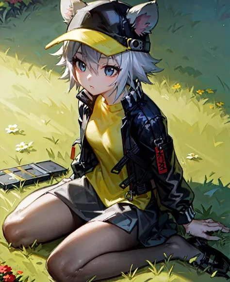 masterpiece, best quality, <lora:Click768V2:0.7>, 1girl, clicklora, mouse ears, grey hair, short hair, hair between eyes, blue eyes, black baseball cap, yellow shirt, black jacket, open jacket, black skirt, grey pantyhose, wariza, from above, grass, flower, garden