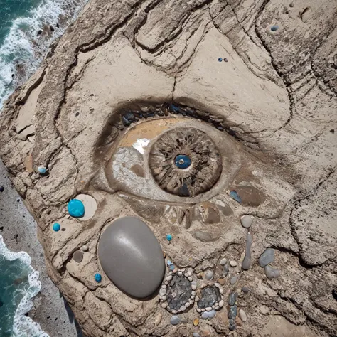 rock_2_img, rock image, rock art, rock, 1 stone eye made out of rocks, an island surrounded by the sea, High detail, <lora:rock_2_img:0.8>