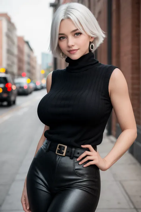 masterpiece, best quality, 8k raw photo, film grain, bokeh, <lora:doachristie-nvwls-v1:0.9> doachristie, white hair, floating hair, contrapposto, hand on hip, earrings, choker, black sweater, sleeveless turtleneck, belt, black pants,  (huge breasts), looking at viewer, upper body, seductive smile,