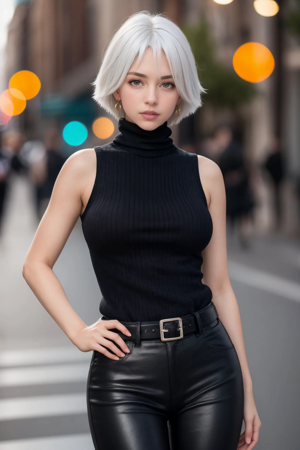 masterpiece, best quality, 8k raw photo, film grain, bokeh, <lora:doachristie-nvwls-v1:0.9> doachristie, white hair, floating hair, contrapposto, hand on hip, earrings, choker, black sweater, sleeveless turtleneck, belt, black pants, , looking at viewer, upper body, parted lips, alluring,