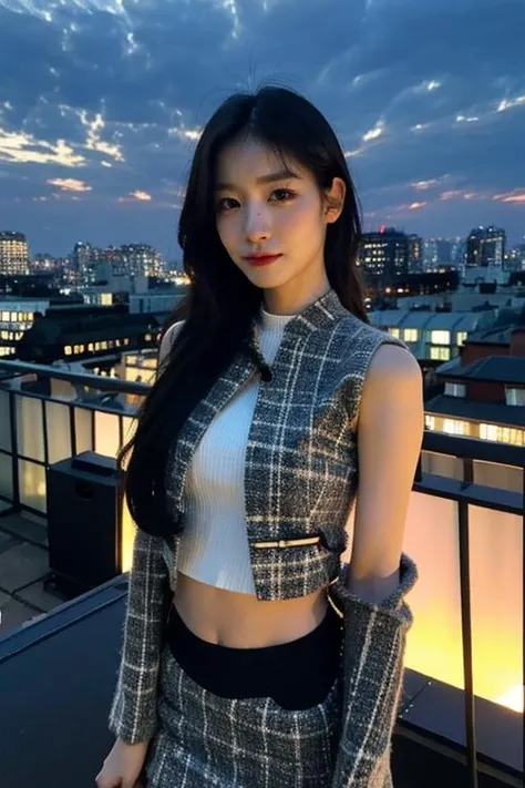 Fujifilm XT3, 8k,close up photo, masterpiece, best quality, (((1girl))), solo,realistic, ((looking at viewer)), photorealistic, (extremely detailed face), looking at viewer, ((ultra-detailed eyes and pupils)), ultra detailed, serious expression, cropped top,shirts, (standing against a city skyline at night), (rooftop), Suit skirt, ((navel)), arms behind back, <lora:wooyeonlorashy:1>