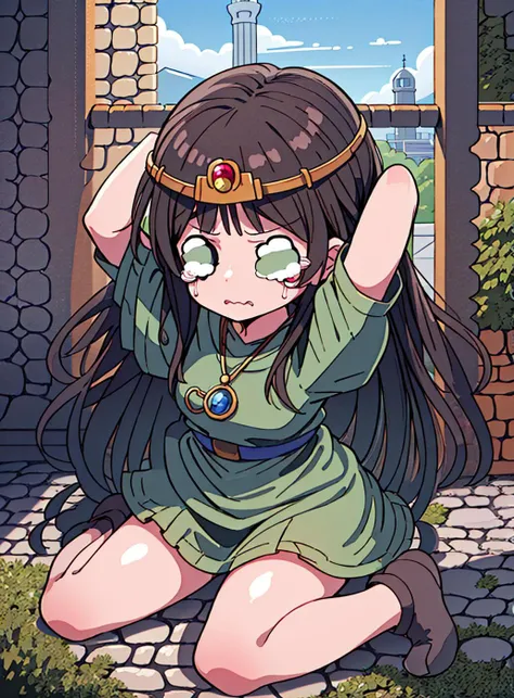 <lora:ki:0.8>, ki, masterpiece, best quality, super fine illustration, hit one's head, arms_behind_head, knees_together_feet_apart, wariza, in the tower, tears, sad, <lora:hotarueye_whiteeye5_v100:1.1>, lowered eyebrows, wavy mouth, big bump on head
