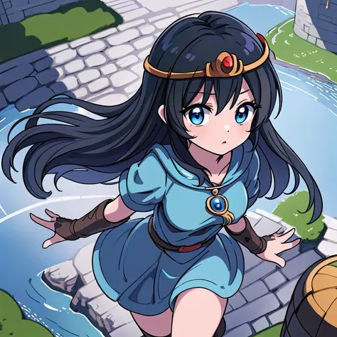 masterpiece,ultra detail,best quality,1girl,ki, <lora:ki:0.7>,fantasy dungeon, circlet,blue clothes,blackhair,from above,flying high,floating
