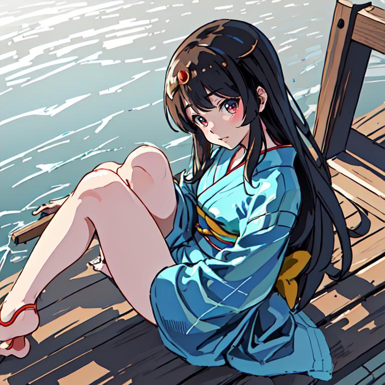 Anime girl sitting on a dock with her legs crossed - SeaArt AI