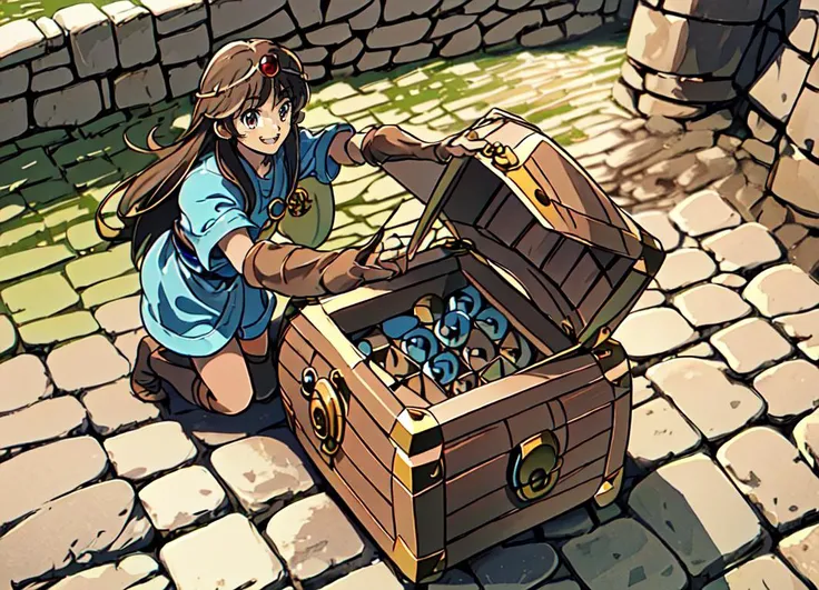 A treasure chest mimic opens its toothy maw and chases after a cute halfling thief woman,(adventuring outfit) dungeon, high fantasy
