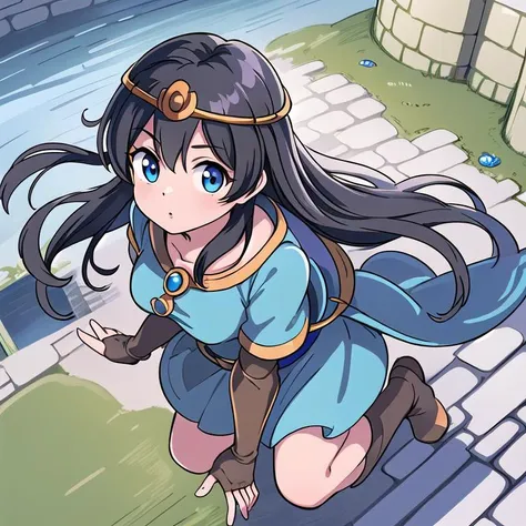 masterpiece,ultra detail,best quality,1girl,ki, <lora:ki:0.7>,fantasy dungeon, circlet,blue clothes,blackhair,from above,flying sky,floating air