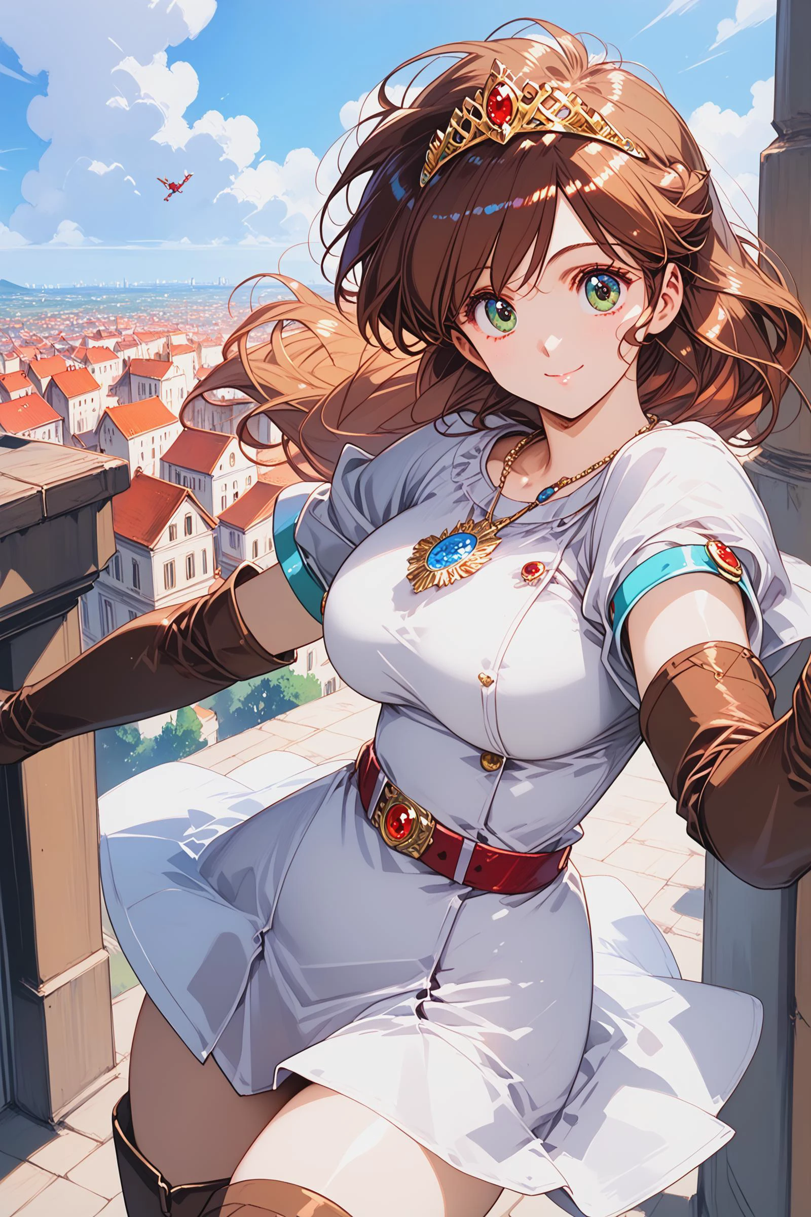 score_9, score_8_up, score_7_up,
1girl, ki, white dress, short dress, short sleeves, belt, elbow gloves, brown gloves, fingerless gloves, thigh boots, brown thighhighs, blue necklace, ruby tiara, brown hair,
air_flaps,
green eyes,
huge breasts,
cowboy shot,
smile,
outdoors,day,sky,aerial,cityscape,flying,floating, medieval city,
<lora:Urushihara Satoshi_XL_PONY_V2:0.8>, <lora:style1:0.7>, <lora:bra_embellishments_enhancer_XL_v01a:1> , <lora:pony_xl_ki:0.8>, <lora:cnv3mdde878c738thn20:0.7>,