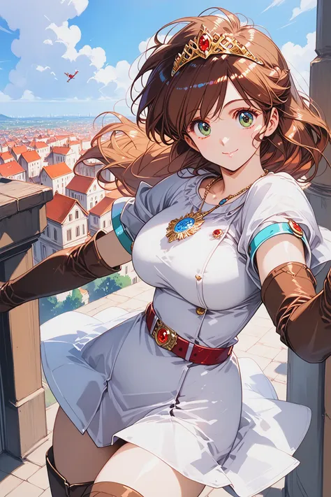 score_9, score_8_up,  score_7_up,
1girl, ki, white dress, short dress, short sleeves, belt, elbow gloves, brown gloves, fingerless gloves, thigh boots, brown thighhighs, blue necklace, ruby tiara, brown hair, 
air_flaps,
green eyes,
huge breasts,
cowboy shot,
smile,
outdoors,day,sky,aerial,cityscape,flying,floating, medieval city,
<lora:Urushihara Satoshi_XL_PONY_V2:0.8>,  <lora:style1:0.7>,  <lora:bra_embellishments_enhancer_XL_v01a:1> , <lora:pony_xl_ki:0.8>, <lora:cnv3mdde878c738thn20:0.7>,