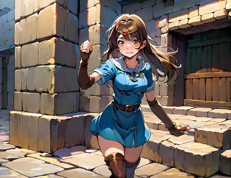 <lora:pony_xl_ki:0.8>,ki,score_9,score_8_up,score_7_up,source_anime,1girl,solo,short dress,short sleeves,brown gloves,elbow gloves,fingerless gloves,belt,thigh boots,brown thighhighs,blue necklace,dungeon,wall of blocks,cobblestone,dark background,i lost my way,teary eyes,sweat,flustered,impatience,standing,wavy mouth,