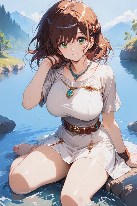 score_9, score_8_up,  score_7_up, feet in water,
1girl, ki, white dress, short dress, short sleeves, belt, blue necklace, bare arms,
green eyes,
huge breasts,
smile, 
sitting by the river
outdoors, day, small river,
<lora:Urushihara Satoshi_XL_PONY_V2:0.8>,  <lora:style1:0.7>,  <lora:bra_embellishments_enhancer_XL_v01a:1> , <lora:pony_xl_ki:0.8>, <lora:cnv3mdde878c738thn20:0.7>,