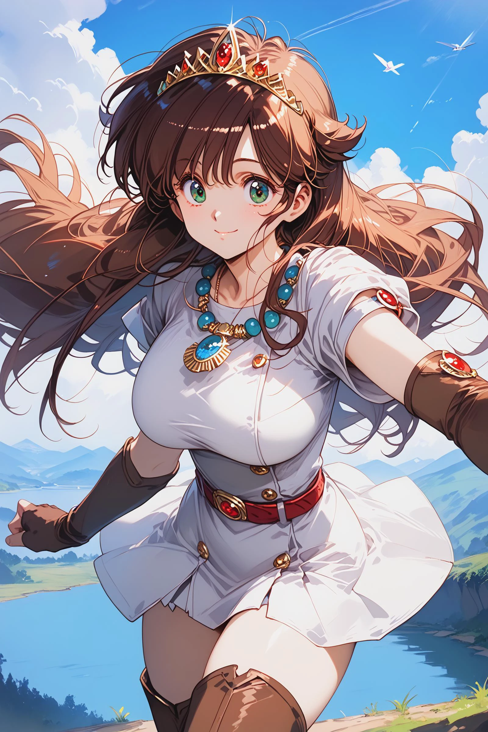 score_9, score_8_up, score_7_up,
1girl, ki, white dress, short dress, short sleeves, belt, elbow gloves, brown gloves, fingerless gloves, thigh boots, brown thighhighs, blue necklace, ruby tiara,
air_flaps,
green eyes,
huge breasts,
cowboy shot,
smile,
outdoors,day,sky,floating,small river,
<lora:Urushihara Satoshi_XL_PONY_V2:0.8>, <lora:style1:0.7>, <lora:bra_embellishments_enhancer_XL_v01a:1> , <lora:pony_xl_ki:0.8>, <lora:cnv3mdde878c738thn20:0.7>,