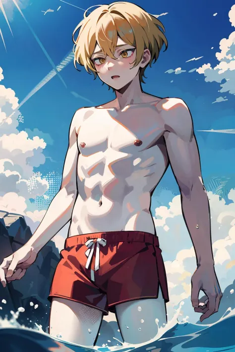 masterpiece,high quality,highres,1boy,solo,<lora:libus-sinclair-wasabiya:1>,sinclairl,short hair,blonde hair,yellow eyes,swim trunks,