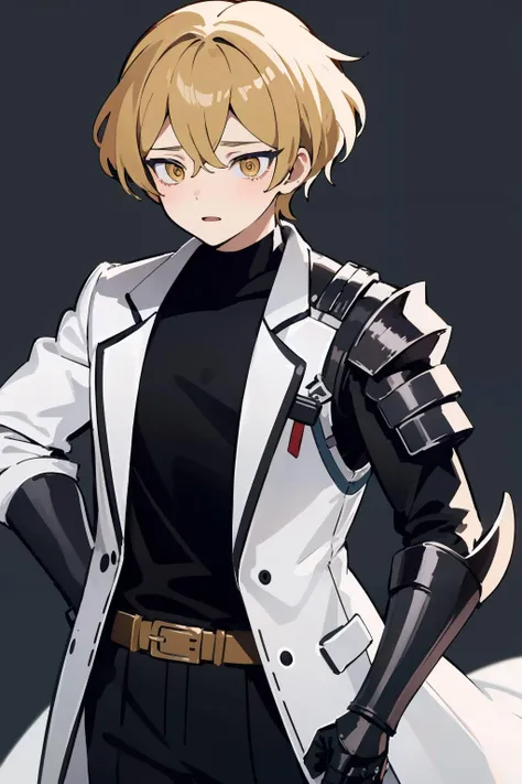 masterpiece,high quality,highres,1boy,solo,<lora:libus-sinclair-wasabiya:1>,sinclairl,short hair,blonde hair,yellow eyes,gauntlets,white coat,simple background,