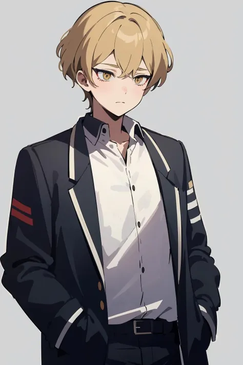 masterpiece,high quality,highres,1boy,solo,<lora:libus-sinclair-wasabiya:1>,sinclairl,short hair,blonde hair,yellow eyes,white shirt,collared shirt,black jacket,hands in pockets,