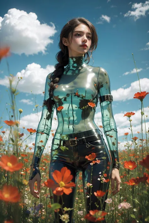 orange hair, freckles, medium hair, high twintails, sexy pose, translucent white country dress, bare shoulders, hair ribbon, earrings, outdoors, garden, sunlight, day, bush, view from behind, round and big butt, thighhighs, grass, flower, blush,