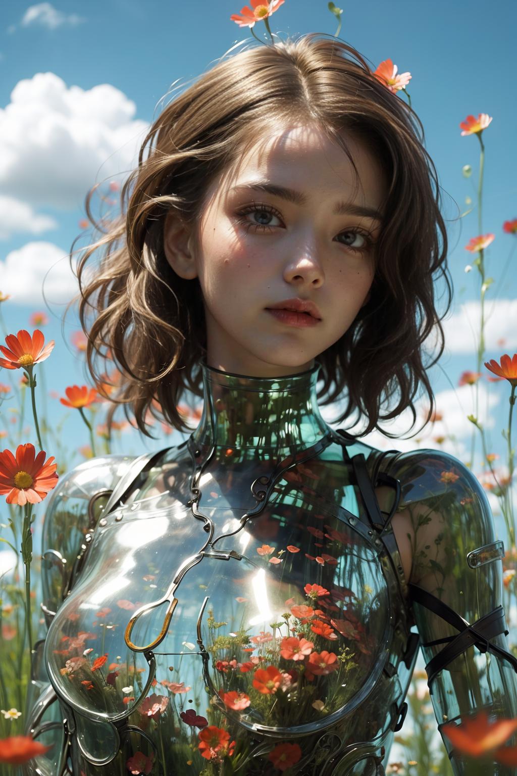 A woman in a futuristic suit standing in a field of flowers - SeaArt AI