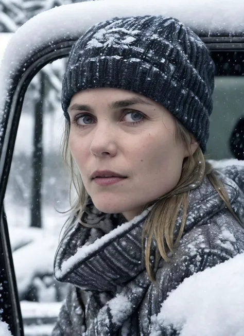 RAW photo of a sks woman, sitting in outdoor car ,winter ,snowy , ((wearing cap)), (detailed face), grunge, ((visual kai)), ((full body)), (high detailed skin:1.2), 8k uhd, dslr, soft lighting, high quality, film grain, Fujifilm XT3, <lora:locon_radha_v1_from_v1_64_32:1.3>