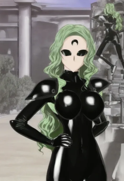 high quality, extremely detailed, <lora:BMDroid:.8> BMDroid, ((black latex bodysuit, black shoulder armor, extremely glossy)), (faceless white porcelain mask), ((no eyes, no mouth)), (large breasts), dark warehouse, black moon forehead mark, ((long wavy green hair)), hands on hips, <lora:Esmeraude:.7>