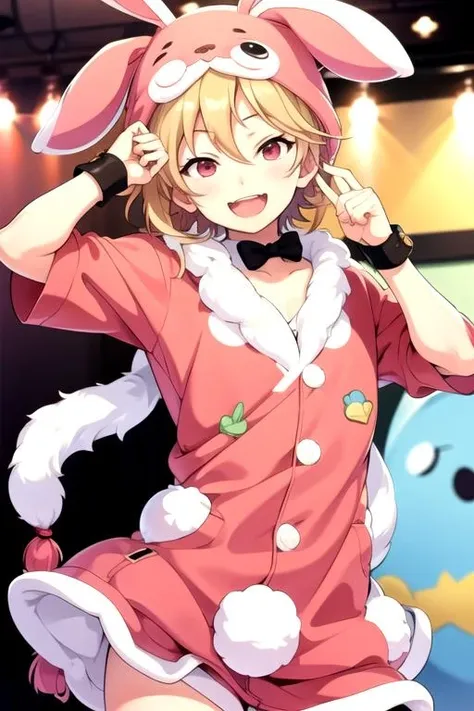 <lora:NazunaNito-04:0.7>, nazunanito, looking at viewer, smile, open mouth,  :d, heart, cosplay, :3, parody, animal costume, style parody, kigurumi, rabbit costume