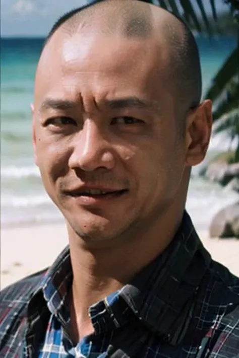 photo of a (men),serious look ,bald head,No beard,standing at (beach), portrait photo,Plaid shirt, full body,  (closeup:1.2)
 <lora:hejiaju:0.8>