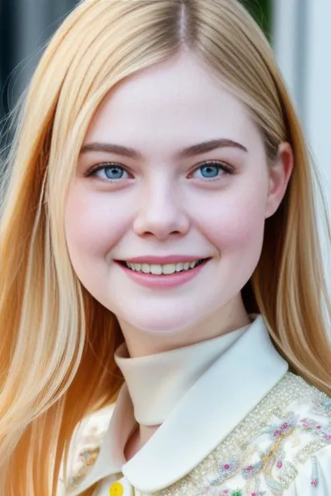 photo of ElleFanning4, portrait, hair, (studio wall), smile, detailed face, intricate, elegant, sharp focus, photo by, soft lighting, vibrant colors, masterpiece, detailed face, beautiful ,