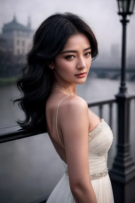 VG05_SoloTI_v1,
(In an elegant, tailored coat, adorned with a vintage brooch, exuding a timeless and graceful charm), (On a misty bridge at dusk, with lampposts casting a soft glow and the river flowing quietly beneath, enveloping the moment in poignant nostalgia:1.3), (seductive:1.3),(analog, cinematic, film grain, hazy atmosphere, cinematic shot:1.3),
<lora:add_detail:0.6>, PA7_Portrait-MCU,