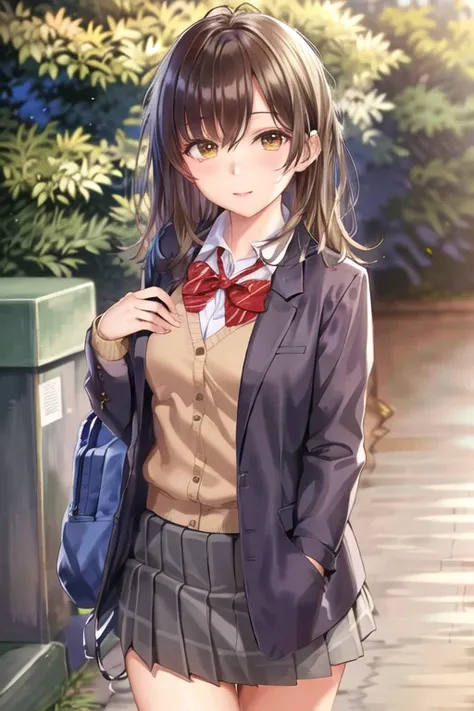 ogiwara sayu, 1girl, solo, school uniform, long sleeves, skirt grey, blush, (absurdres), (highres), looking at viewer, walking in the park, (extremely detailed CG unity 8k wallpaper,masterpiece, best quality, ultra-detailed) <lora:ogiwara_sayu:0.8>