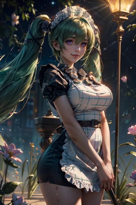 (ultra realistic,32k, masterpiece:1.2),(high detailed skin:1.1),( high quality:1.1),  <lora:corin_wickes:0.7>,  curvy, medium breasts, wide hips,   1girl, green hair, purple eyes, hair between eyes, twintails,   maid headdress, puffy short sleeves, black dress, white apron,  solo, looking at viewer, cowboy shot,  solo, smile, looking at viewer,   blooming stars, luminescent petals, otherworldly fragrance blurry background, (looking at viewer, standing:1.1), huge breast, large breast, <lora:add_detail:0.92>, (glowwave:1.1),