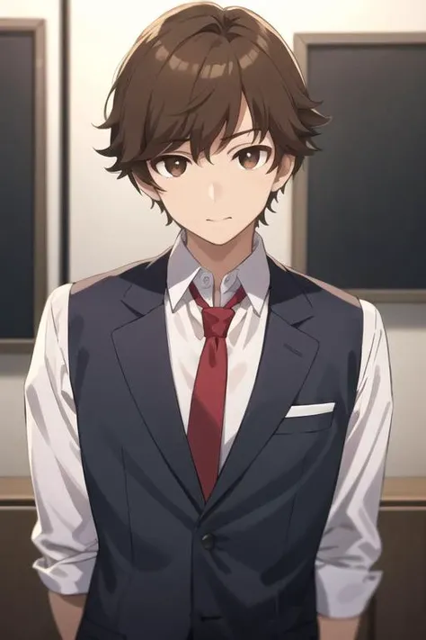 masterpiece, best quality, high quality, 1boy, solo, male focus, looking at viewer, upper body, <lora:kogure_kawanami:0.52>, kogure_kawanami, brown hair, brown eyes, formal, necktie, dress shirt
