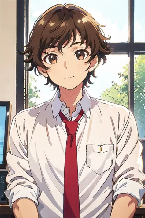 masterpiece, best quality, high quality, 1boy, solo, male focus, looking at viewer, upper body, <lora:kogure_kawanami:0.52>, kogure_kawanami, brown hair, brown eyes, shirt