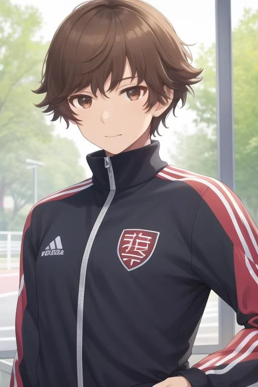 masterpiece, best quality, high quality, 1boy, solo, male focus, looking at viewer, upper body, <lora:kogure_kawanami:0.60>, kogure_kawanami, brown hair, brown eyes, track suit