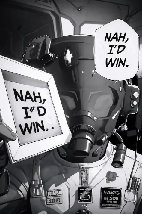 masterpiece, best quality, <lora:concept_nahidwin-17:1> nahidwin, speech bubble, english text, close-up <lora:lethal-05:1> lethal, jacket, helmet, spacesuit, uniform, bodysuit, greyscale, monochrome, portrait