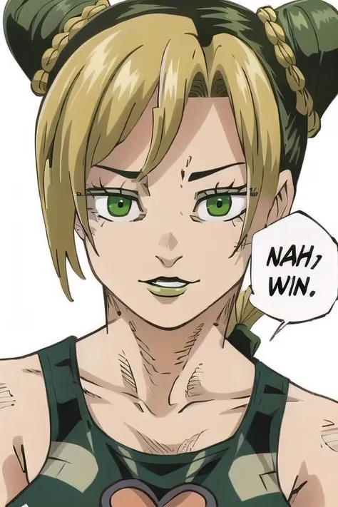 <lora:concept_nahidwin:1>, nahidwin, speech bubble, english text,
<lora:JolynCujoh002:0.8>JolynCujoh,1girl,solo,
JolynCujoh,1girl,solo,
double bun,braided ponytail,
green lips,
halterneck,midriff,heart on chest, ((close-up))