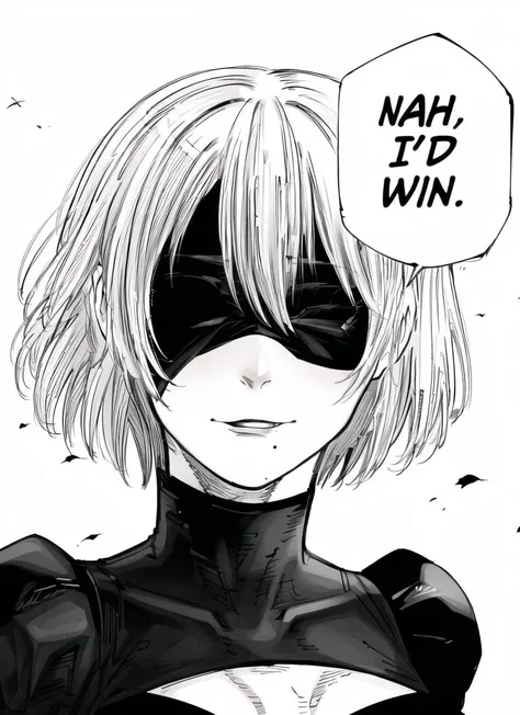 <lora:y2b_v2-1:1> , hm2b, black blindfold, covered eyes, mole under mouth, clothing cutout, long sleeves, puffy sleeves, juliet sleeves, feather trim, black thighhighs, black gloves, covered navel, (white leotard:1.2), <lora:concept_nahidwin:1> , nahidwin, speech bubble, english text, ((close-up on face)), facing forward, front face, <lora:animeoutlineV4_16:1> , lineart, monochrome, white background,, , <lora:lcm_faster_generation:0.4> ,, , (masterpiece, best quality, ultra detailed), (detailed background, complex background:1.2), <lora:hairdetailer:0.9>,