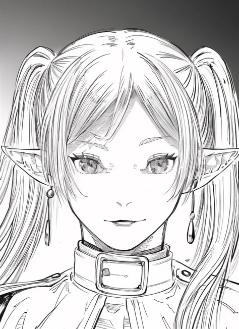 <lora:frieren-10:1> , frieren, 1girl, long hair, pointy ears, twintails, jewelry, elf, earrings, capelet, white capelet, long sleeves, parted bangs, dress, belt, flower,  <lora:nah_id_win:1> , nahidwin, speech bubble, english text, ((close-up on face)),  facing forward, front face,  <lora:animeoutlineV4_16:1> , lineart, monochrome, white background,, , (masterpiece, best quality, ultra detailed), (detailed background, complex background:1.2), <lora:hairdetailer:0.9>,