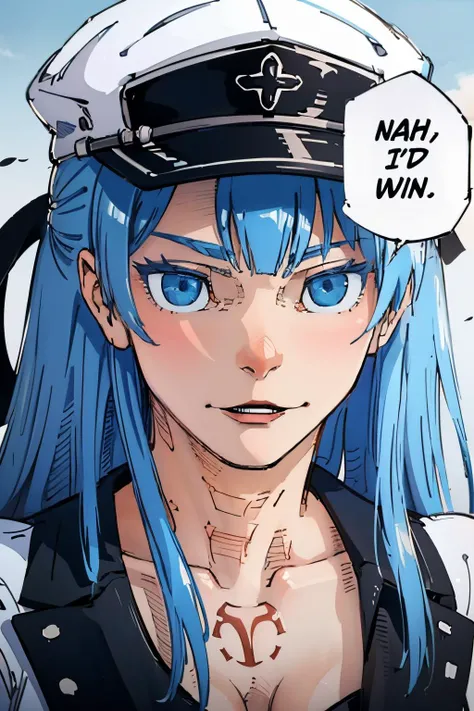 masterpiece, detailed, 1girl, alluring, <lora:esdeath:0.8>, esdeath, hat, peaked cap, chest tattoo, blue hair, long hair, (best quality:1.2), nahidwin, speech bubble, english text, ((close-up)), <lora:concept_nahidwin:1>