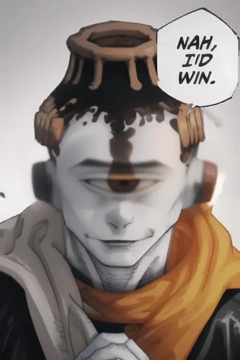 (masterpiece:1.2), (best quality:1.2), (extremely detailed:1.2), (extremely detailed face), (ultra detailed), close up, 1boy, solo, smile, male focus, boots, colored skin, grey skin, one-eyed, cyclops, volcano head, tube ears, yellow cape, scarf, jogoat , nahidwin, speech bubble, english text, <lora:concept_nahidwin:1> <lora:jogoat:.8> <lora:LCM_LoRA_Weights_SD15:1>