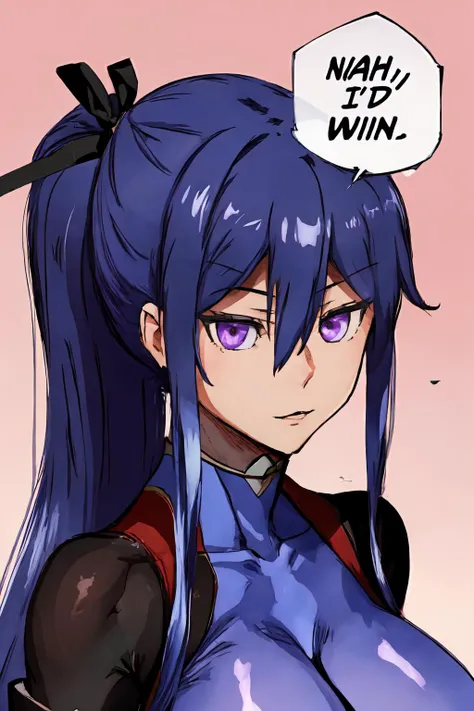 close-up portrait of <lora:TaimaninV1:1> rinko, nahidwin, speech bubble, english text, <lora:concept_nahidwin-17:1>, large breasts, very long hair, blue hair, hair between eyes, high ponytail, sidelocks, purple eyes,rinkooutfit, shiny clothes, skin tight, purple bodysuit, masterpiece, high quality
