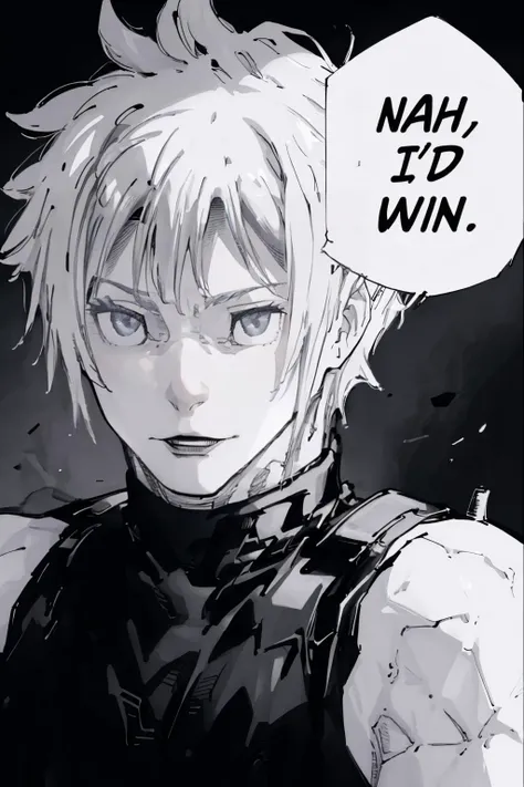 masterpiece, best quality, <lora:concept_nahidwin-17:1> nahidwin, speech bubble, english text, close-up <lora:cloudstrife-nvwls-v1-final:0.8> cloud strife, shoulder armor, sleeveless turtleneck, suspenders, belt, baggy pants, gloves, monochrome, greyscale, portrait