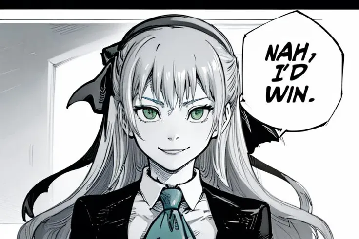 (masterpiece, best quality:1.2), monochrome, greyscale, speech bubble, english text, solo, 1girl, elie macdowell, nahidwin, smirk, looking at viewer, hair ribbon, hairband, green eyes, blue ascot <lora:elie-nvwls-v2-zero:0.9> <lora:concept_nahidwin-17:1>