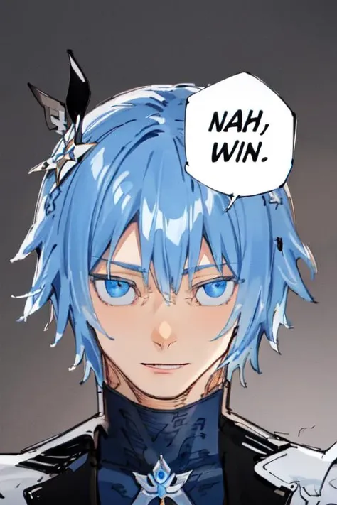close up, face focus, light colored hair, blue hair, euladef, hair ornament, nahidwin, speech bubble, english text, <lora:concept_nahidwin:1.0> <lora:genshinfull1:0.8>