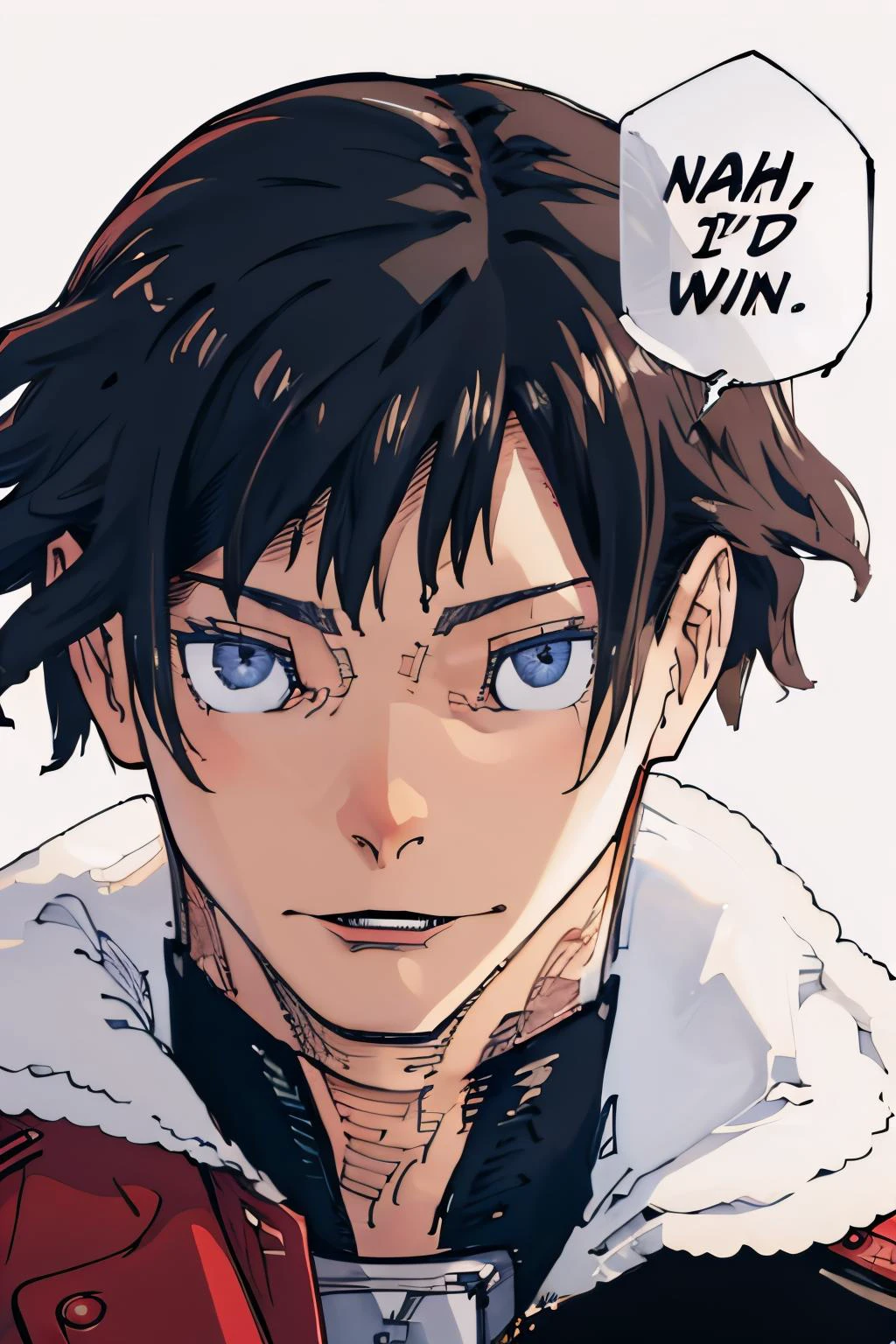 masterpiece, best quality, <lora:concept_nahidwin-17:1> nahidwin, speech bubble, english text, close-up <lora:rean-nvwls-v1:0.8> rean schwarzer, sen2rean, red coat, fur trim, black shirt, brown belt, blue pants, portrait, monochrome, greyscale, simple background