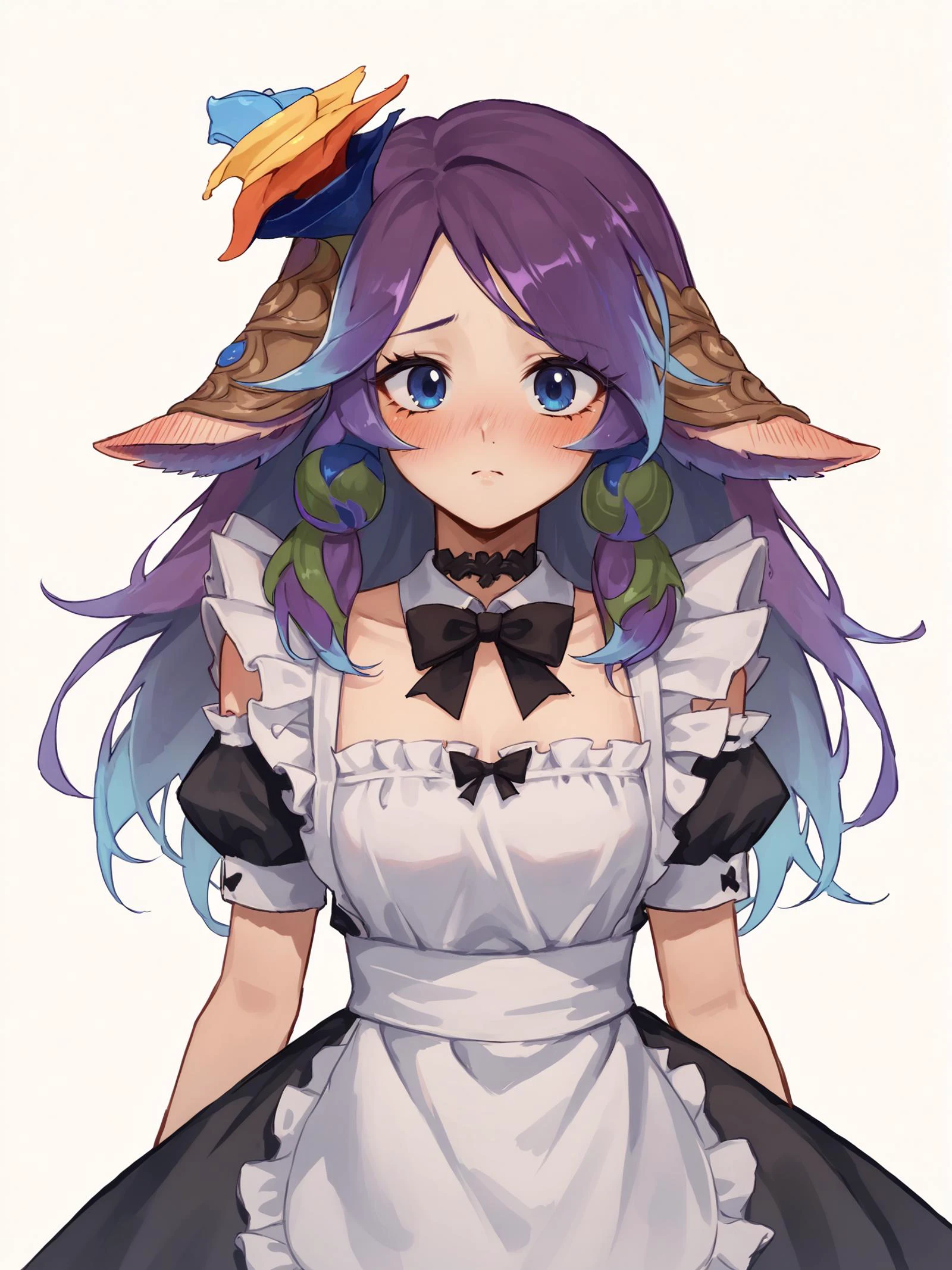 score_9, score_8_up, score_7_up, source_anime, 1girl, lillia, blue eyes, animal ears, bare shoulders, blue hair, purple hair, multicolored hair, long hair, blush, hair flower, maid apron, black bow, black bowtie, black choker, black dress, blush, enmaided, juliet sleeves, maid, cowboy shot <lora:Lillia_league_of_legends_for_pony:1>