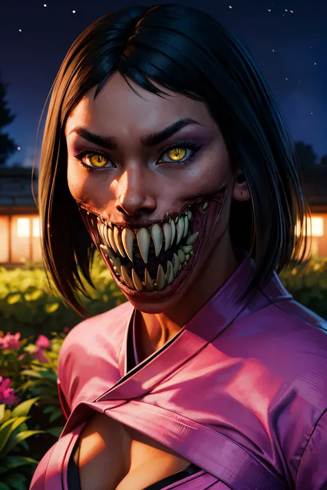 Mileena, black hair, yellow eyes, glowing eyes, sharp teeth, wide mouth, pink kimono, looking at viewer, evil grin, serious, close up
outside, garden, night, extreme detail, masterpiece, beautiful quality, <lora:MIleenaMK10:.8>