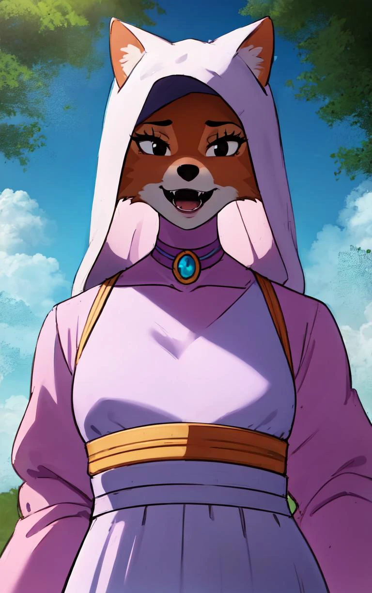 CARTOON_MaidMarian_ownwaifu,
1girl, furry, furry female, animal ears, black eyes, body fur, snout, two-tone fur, orange fur, animal nose, fangs, tail,
dress, long sleeves, purple dress, veil, choker, jewelry, brooch, hood up, long dress, belt, gem, puffy sleeves,
<lora:CARTOON_MaidMarian_ownwaifu:0.65>
((masterpiece)),((best quality)),(highres, absurdres), original, official_art, looking at viewer, solo, focused, outdoors, day, cowboy shot,