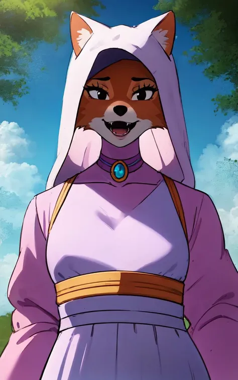 CARTOON_MaidMarian_ownwaifu,
1girl, furry, furry female, animal ears, black eyes, body fur, snout, two-tone fur, orange fur, animal nose, fangs,  tail,
dress, long sleeves, purple dress, veil, choker, jewelry, brooch, hood up, long dress, belt, gem, puffy sleeves,
<lora:CARTOON_MaidMarian_ownwaifu:0.65>
((masterpiece)),((best quality)),(highres, absurdres), original, official_art, looking at viewer, solo, focused, outdoors, day, cowboy shot,