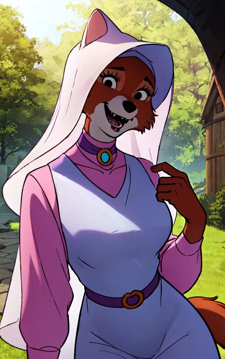 CARTOON_MaidMarian_ownwaifu,
1girl, furry, furry female, animal ears, black eyes, body fur, snout, two-tone fur, orange fur, animal nose, fangs, tail,
dress, long sleeves, purple dress, veil, choker, jewelry, brooch, hood up, long dress, belt, gem, puffy sleeves,
<lora:CARTOON_MaidMarian_ownwaifu:0.9>
((masterpiece)),((best quality)),(highres, absurdres), original, official_art, looking at viewer, solo, focused, outdoors, day, cowboy shot,