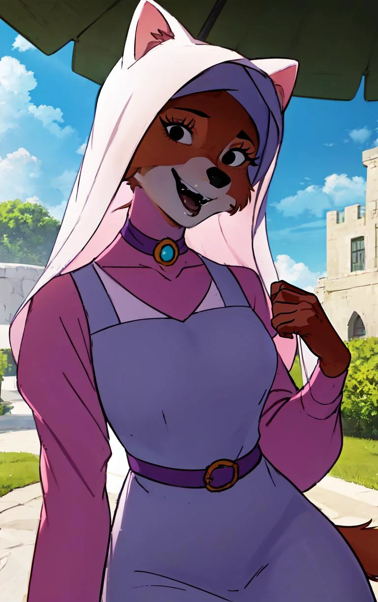 CARTOON_MaidMarian_ownwaifu,
1girl, furry, furry female, animal ears, black eyes, body fur, snout, two-tone fur, orange fur, animal nose, fangs, tail,
dress, long sleeves, purple dress, veil, choker, jewelry, brooch, hood up, long dress, belt, gem, puffy sleeves,
<lora:CARTOON_MaidMarian_ownwaifu:0.8>
((masterpiece)),((best quality)),(highres, absurdres), original, official_art, looking at viewer, solo, focused, outdoors, day, cowboy shot,