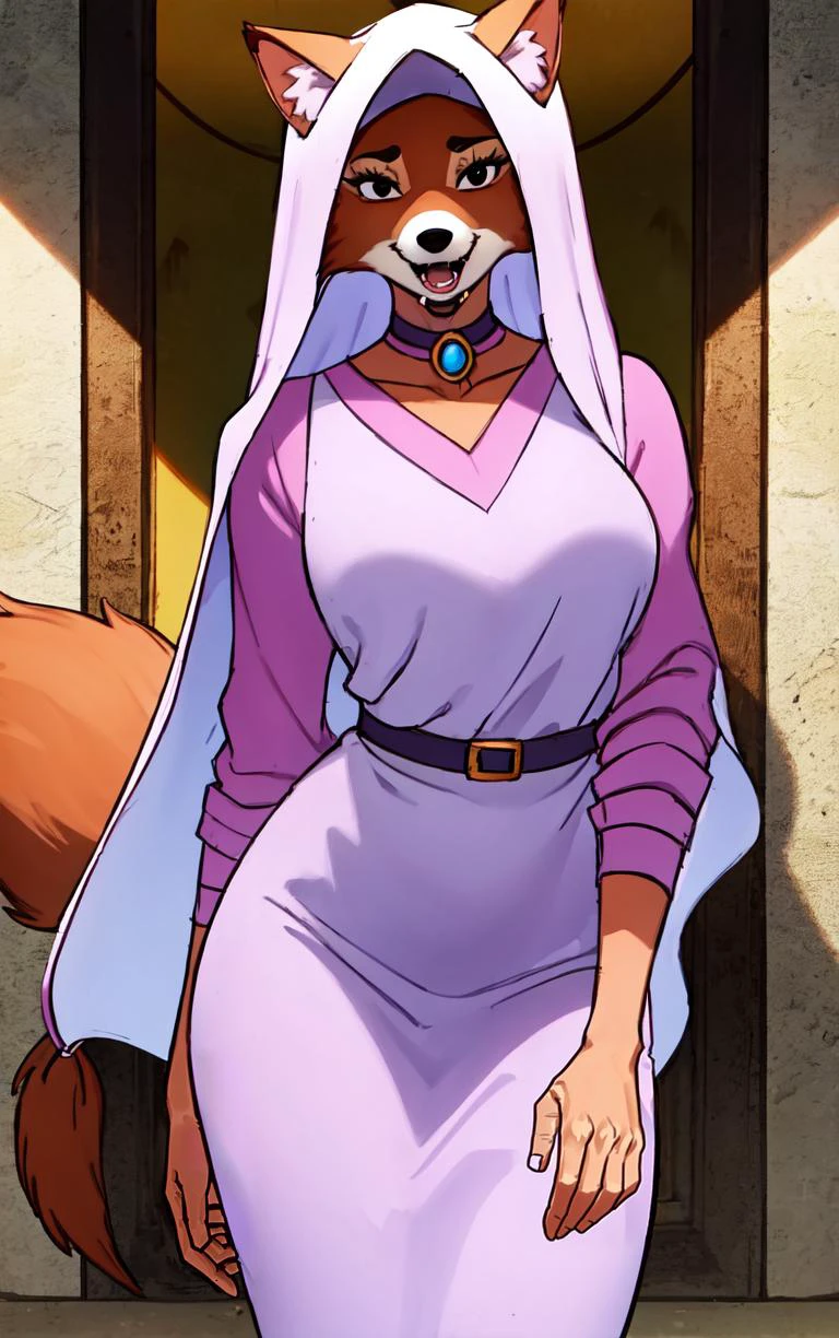 CARTOON_MaidMarian_ownwaifu,
1girl, furry, furry female, animal ears, black eyes, body fur, snout, two-tone fur, orange fur, animal nose, fangs, tail,
dress, long sleeves, purple dress, veil, choker, jewelry, brooch, hood up, long dress, belt, gem, puffy sleeves,
<lora:CARTOON_MaidMarian_ownwaifu:0.8>
((masterpiece)),((best quality)),(highres, absurdres), original, official_art, looking at viewer, solo, focused, outdoors, day, cowboy shot,